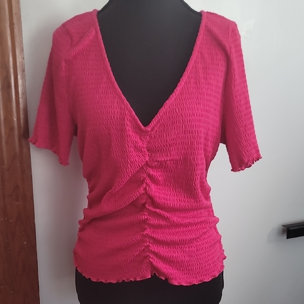 All in Favor Pink Ruched Blouse V-Neck NWT